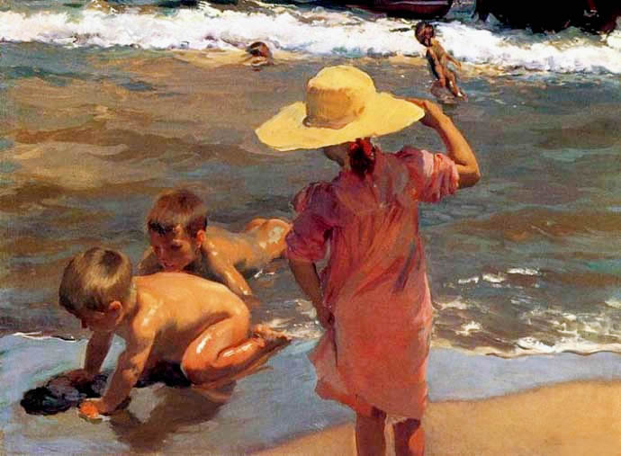 Niños jugando en la ribera al estilo luminista por Sorolla.