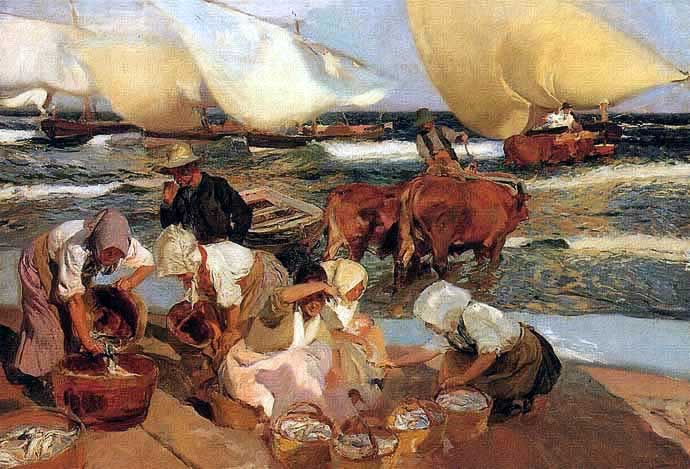 Escena de pescadores por Sorolla y Bastida.