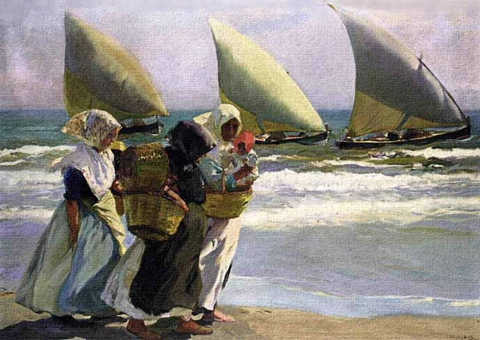 Mujeres y veleros en la costa.