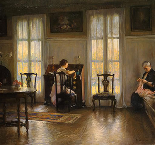 Pintura de interior al estilo de Vermeer por Tarbell.