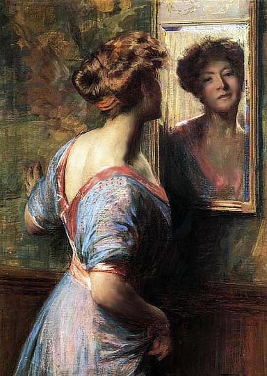 Dama frente al espejo, retrato naturalista por el americano Anschutz.