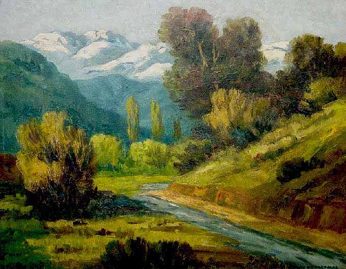Cerros cordillerano al óleo, paisaje neoimpresionista por Contreras.
