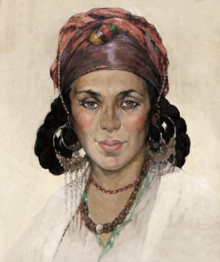Mujer con toca, orientalismo costumbrista por Deckers.