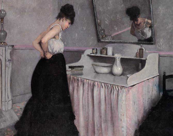 Dama en el vestidor, pintura costumbrista por Caillebotte.