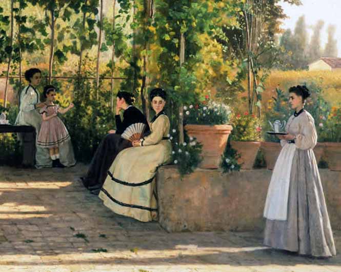 Pintura costumbrista estilo Macchiaioli por Lega.