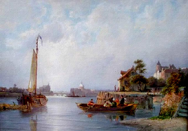 Bahía y veleros pintados por Dommersen.