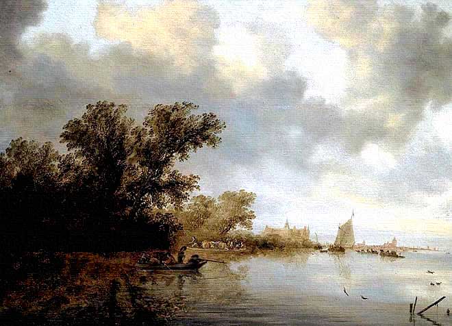Embarcaciones en la costa, obra holandesa por Van Ruysdael.