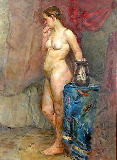 Retrato de mujer desnuda al estilo neoimpresionista por el ruso Kiricheck.