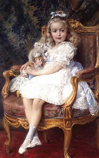 Retrato de niña noble, pintura realista neoclásica por el ruso Makovsky.