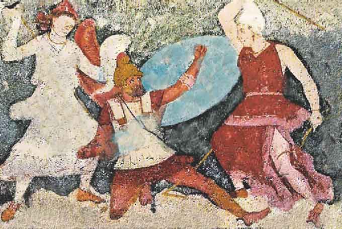 Escena militar, pintura sobre muro por los etruscos.