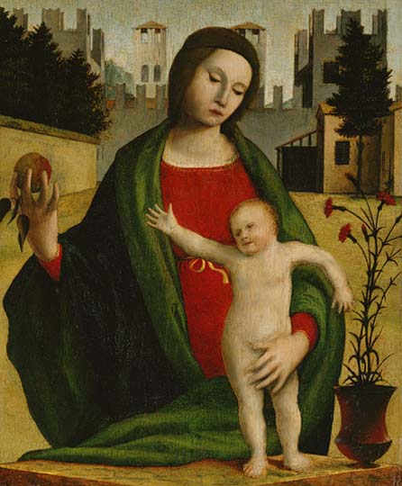 Madonna y niño en témpera, estilo realista estático, por El Bramantino.